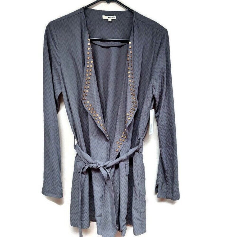 New Lamade Sweater Womens Chevron Tie Waist Open Front Cardigan Size Small Gray